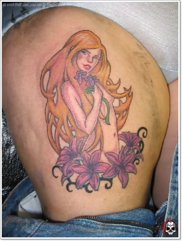 Color Lily Flowers And Virgo Woman Tattoo On Thigh