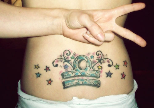 Color Stars And Libra Zodiac Tattoo On Lower Back