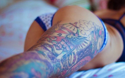 Colored Lighthouse Tattoo On Girl Right Leg