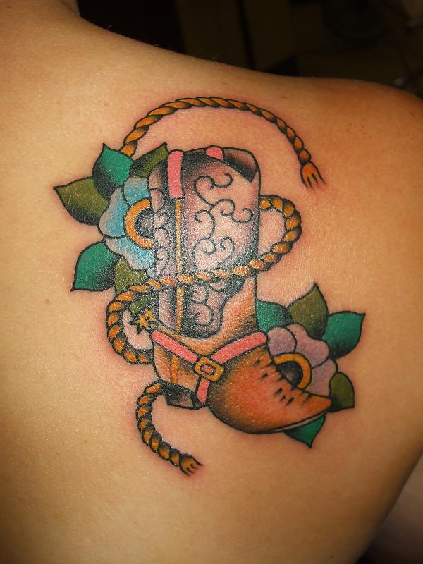 Colorful Cowboy Boot With Flowers Tattoo On Right Back Shoulder