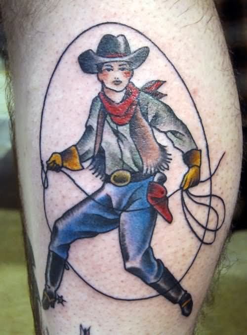Colorful Cowboy Tattoo On Leg Calf