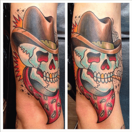 Colorful Smoking Cowboy Skull Tattoo Design For Sleeve