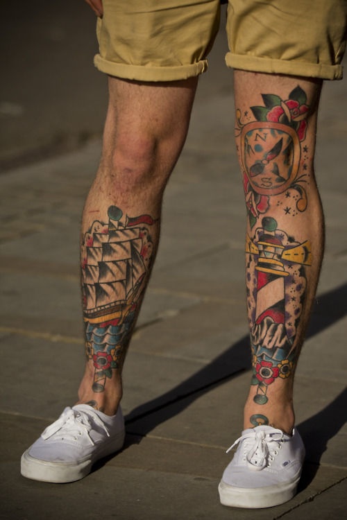Compass Ship And Lighthouse Tattoos On Legs