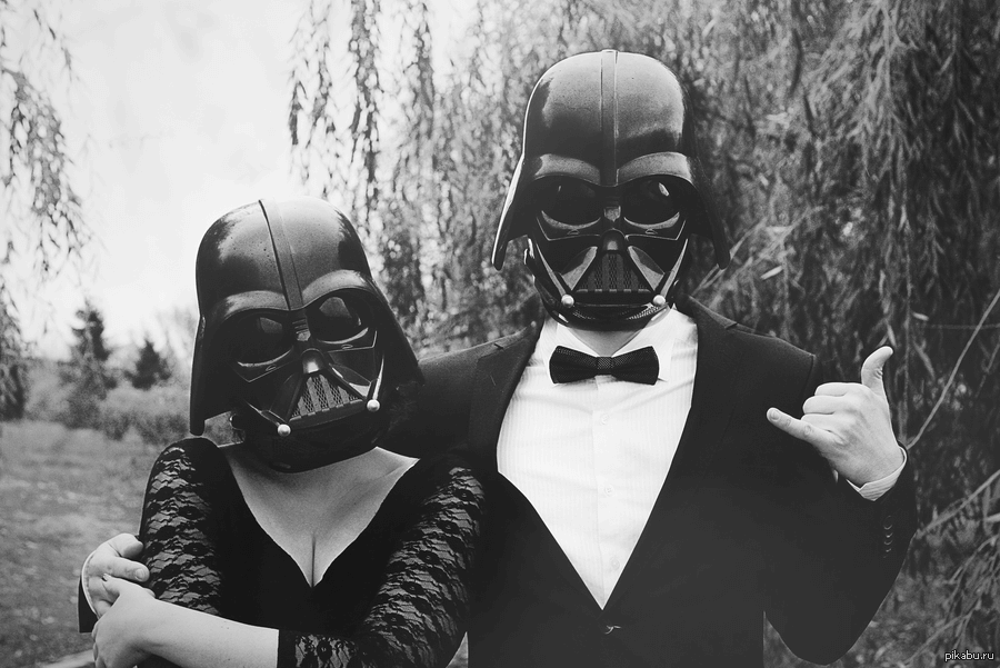 Couple With Darth Vader Masks Funny Black And White Image
