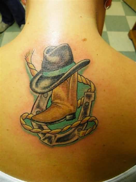 Cowboy Boot With Hat And Horseshoe Tattoo On Upper Back