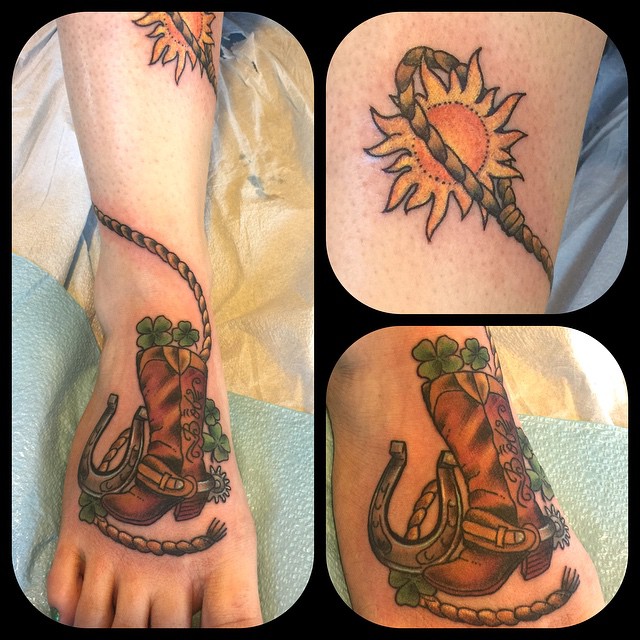 Cowboy Boot With Horseshoe And Rope Tattoo On Foot