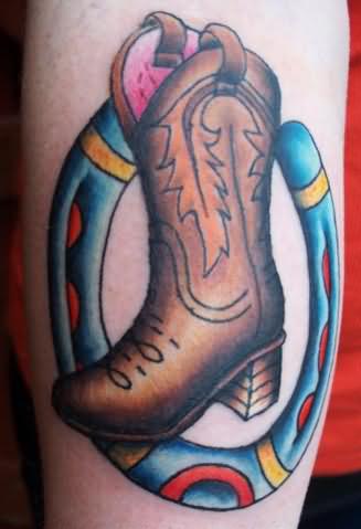 Cowboy Boot With Horseshoe Tattoo Design For Sleeve