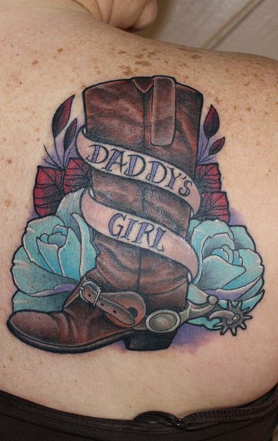 Cowboy Boot With Roses And Banner Tattoo On Right Back Shoulder