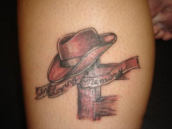 Cowboy Cross On Wooden Cross And Banner Tattoo Design