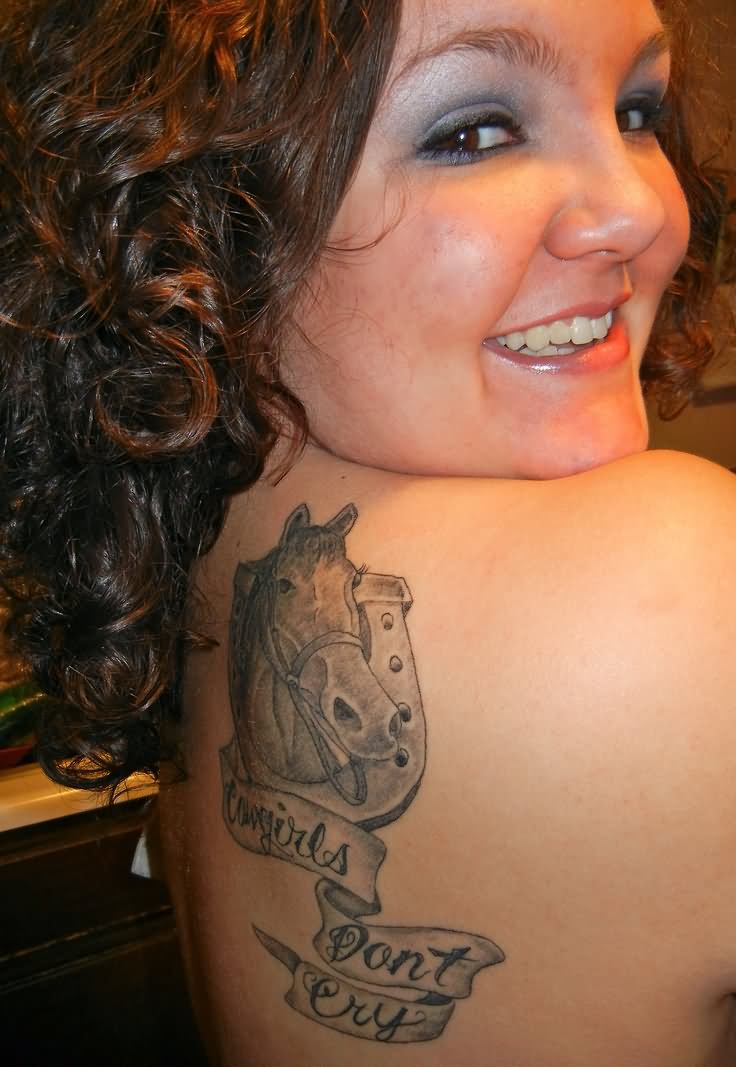 Cowboy Horse Head In Horseshoe With Banner Tattoo On Girl Right Back Shoulder
