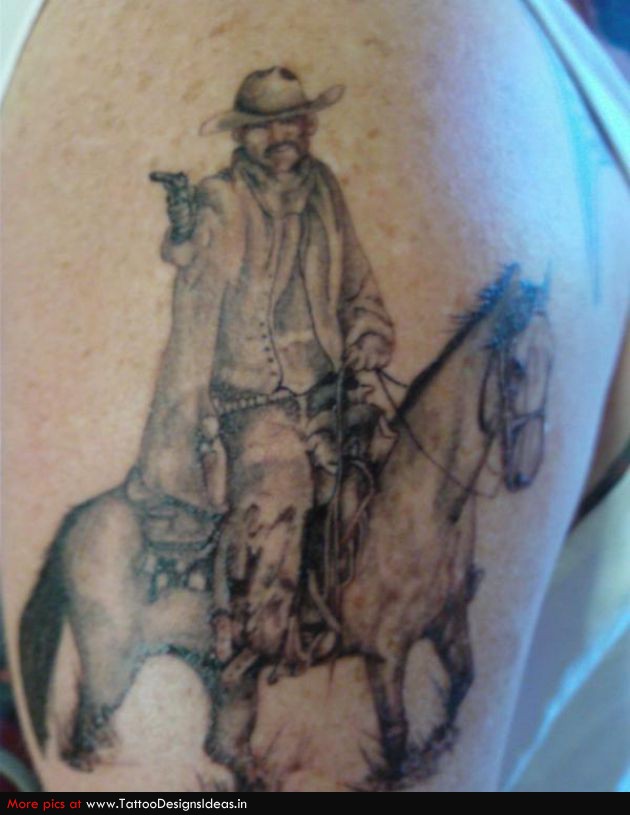 Cowboy Riding Horse Tattoo Design For Shoulder