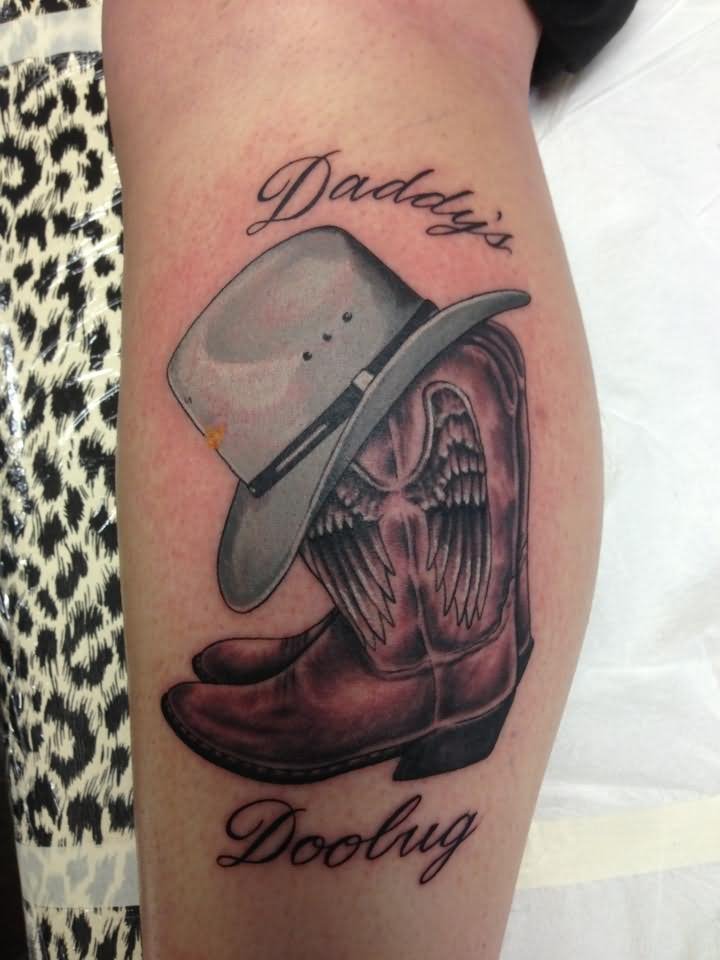Cowboy Shoes And Hat Tattoo On Leg Calf