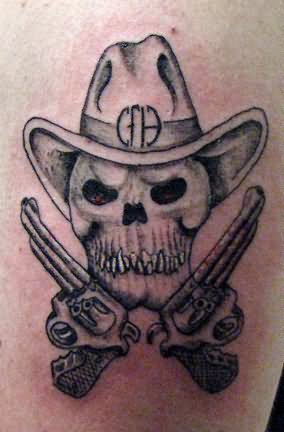Cowboy Skull With Two Guns Tattoo Design