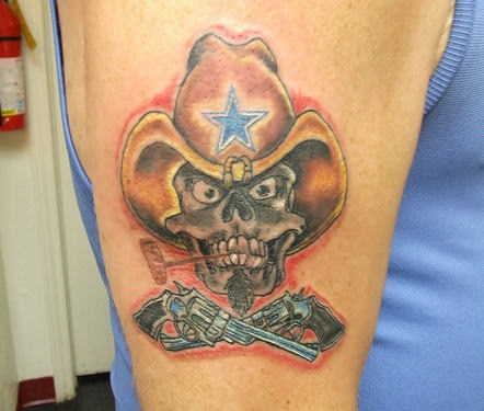 Cowboy Skull With Two Guns Tattoo On Right Half Sleeve