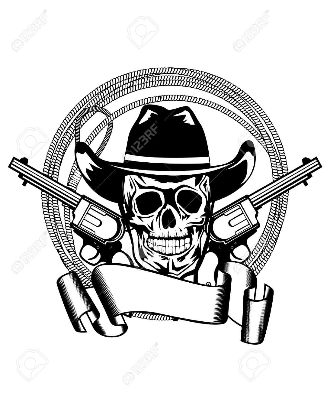 Cowboy Skull with Two Guns And Ribbon Tattoo Stencil