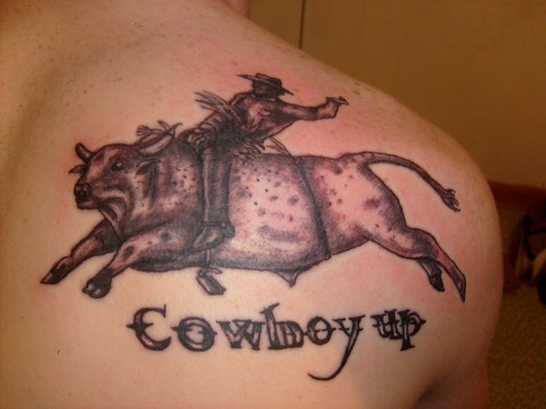 Cowboy Up - Cowboy Riding Bull Tattoo Design For Back Shoulder