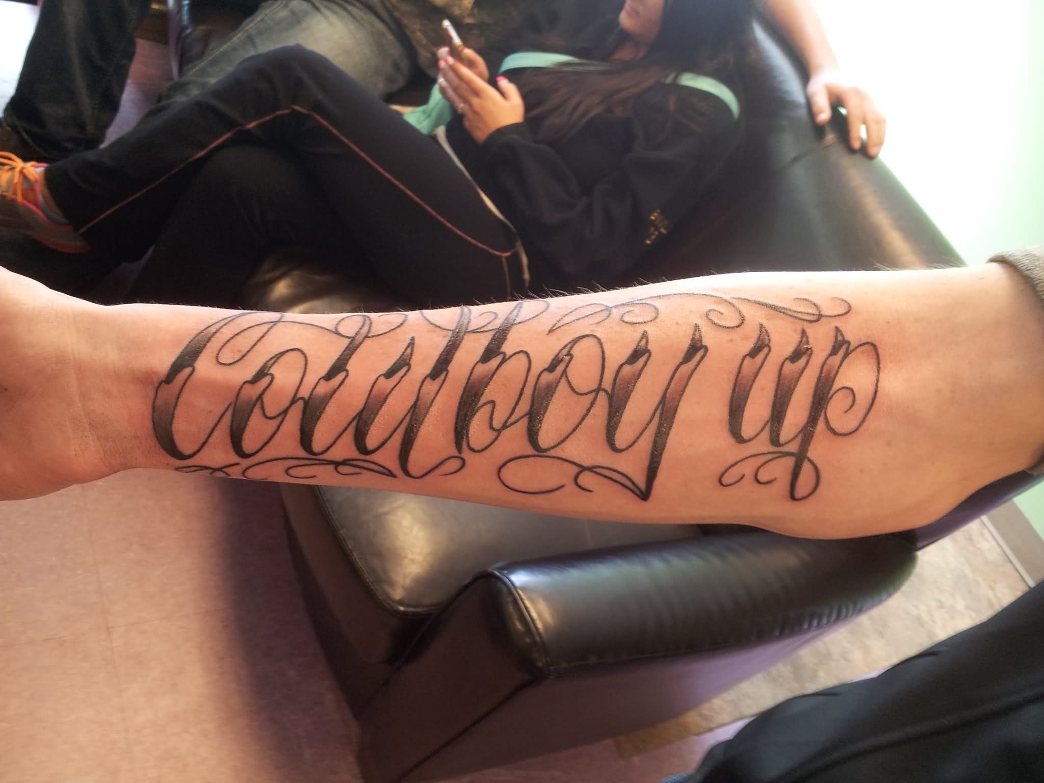 Cowboy Up Lettering Tattoo On Forearm