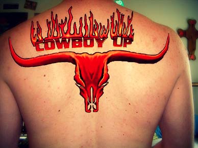 Cowboy Up - Red Bull Skull Tattoo On Upper Back
