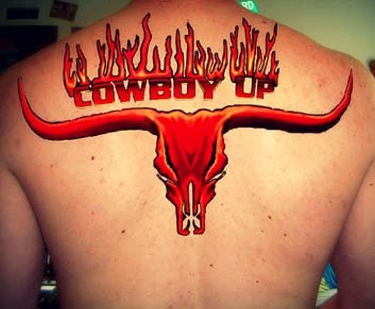 Cowboy Up -  Red Ink Bull Skull Tattoo On Upper Back