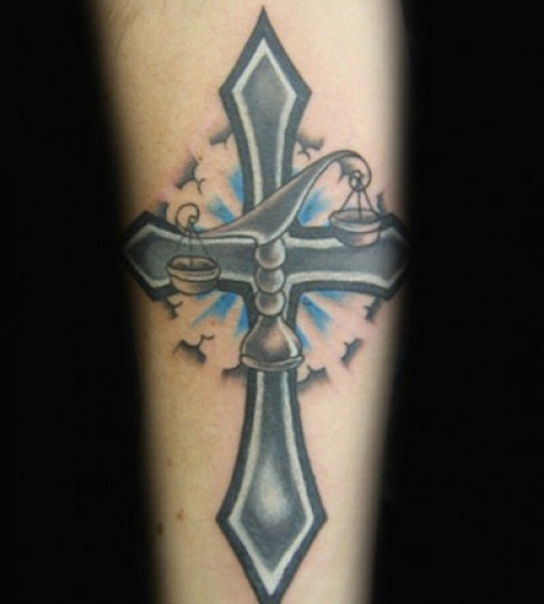 Cross And Libra Scale Tattoo Design