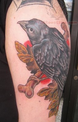 Crow With Bone Tattoo Design For Half Sleeve