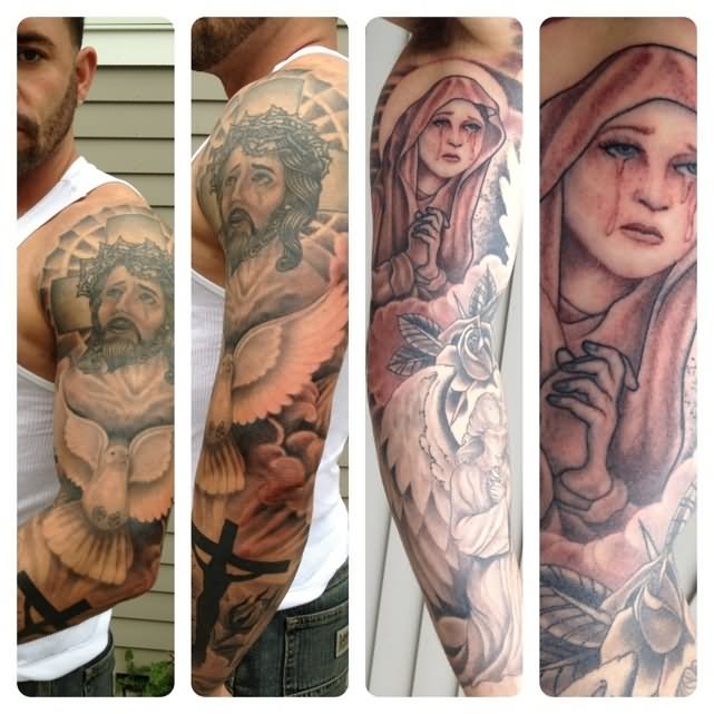 Crying Christian Jesus And Saint Mary Face Tattoo On Man Left Full Sleeve