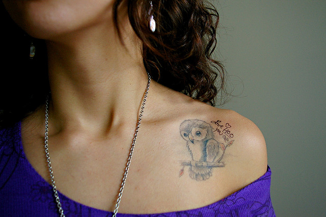 Cute Owl Tattoo On Girl Collarbone