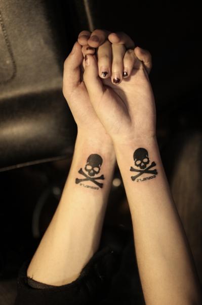 Danger Skull Bone Tattoo On Couple Forearm
