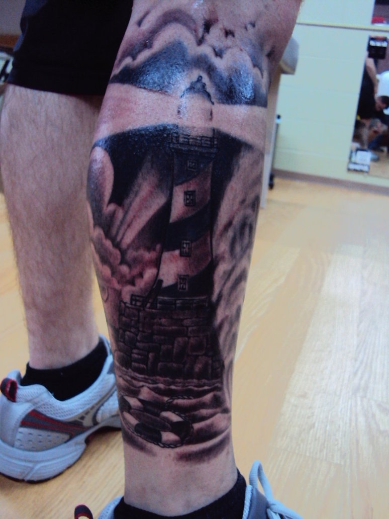 Dark Ink Lighthouse Tattoo On Leg by Tattoostudent