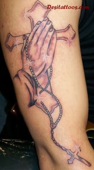 Fantastic Christian Praying Hands And Rosary Cross Tattoo On Half Sleeve