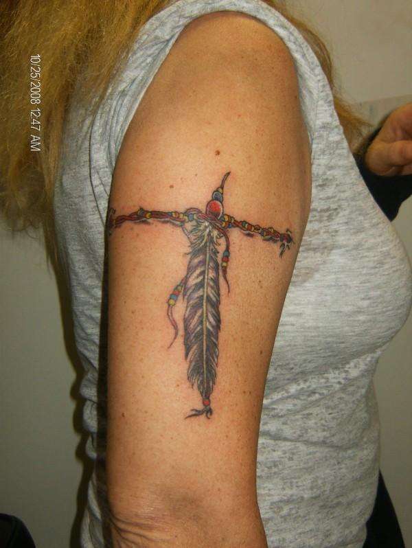 Feather Armband Tattoo On Girl Right Half Sleeve