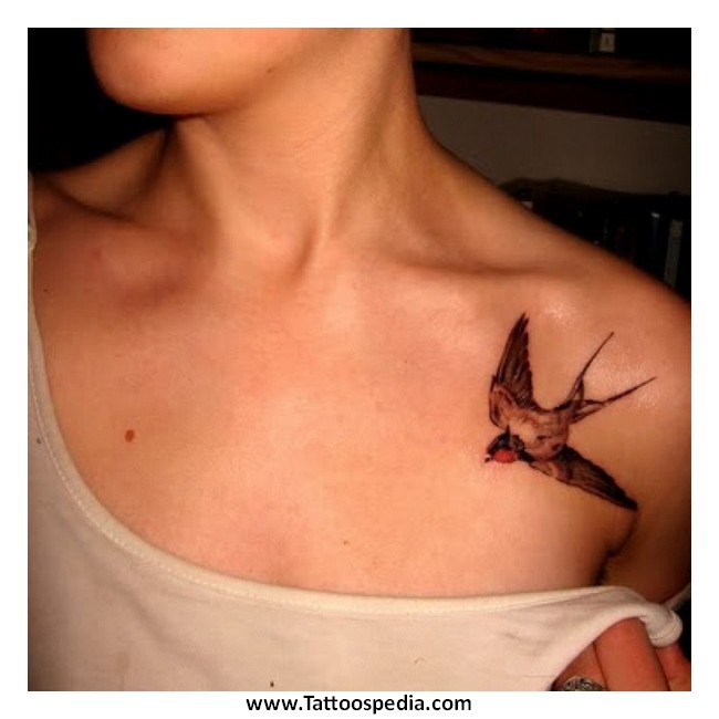 Flying Bird Tattoo On Girl Collarbone