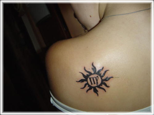 Girl Left Back Shoulder Virgo Tattoo