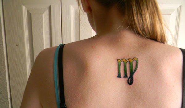 Girl Upper Back Colorful Virgo Zodiac Sun Sign Tattoo