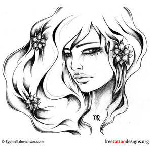 Grey Flowers And Virgo Woman Tattoo Design