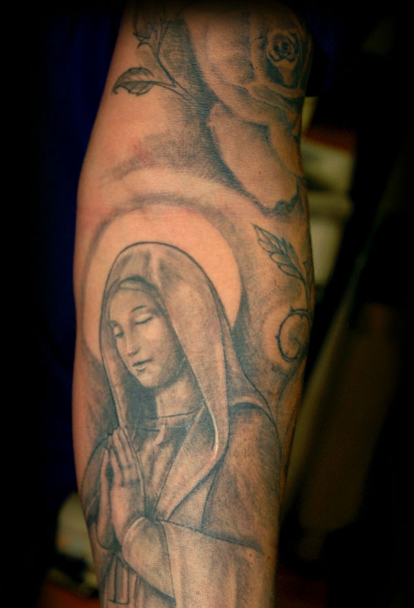 Grey Ink Christian Saint Mary Tattoo Design For Sleeve