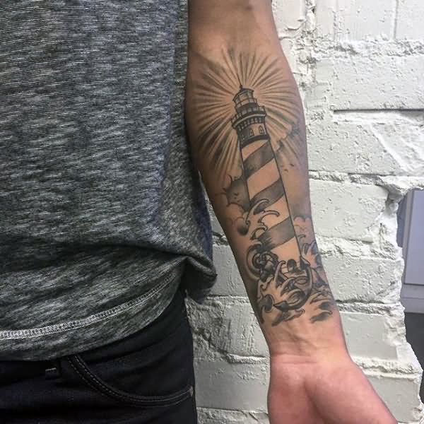 Grey Ink Left Forearm Lighthouse Tattoo