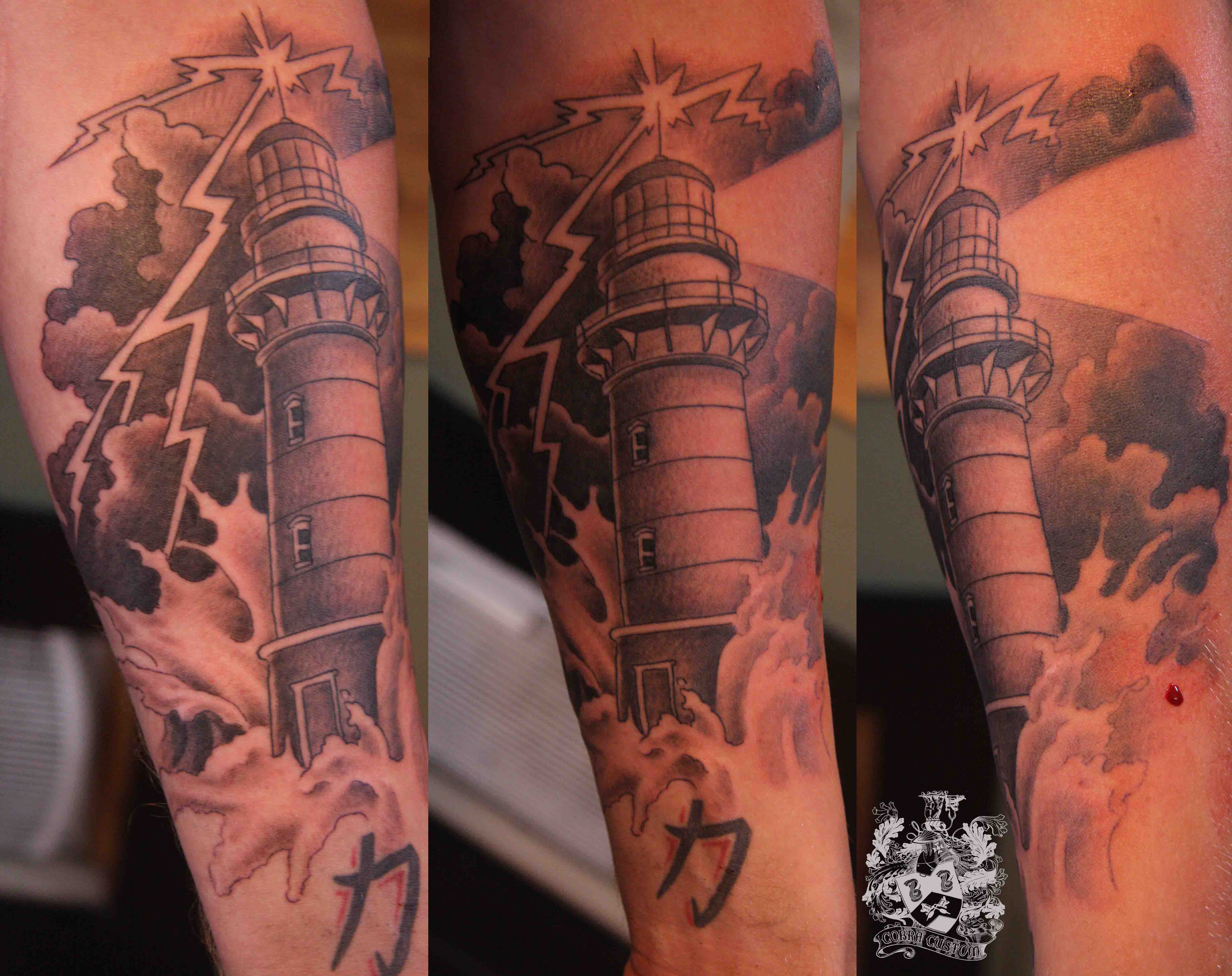 Grey Ink Lighthouse Tattoo On Forearm