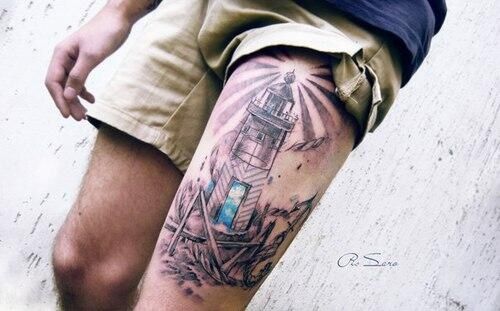 Grey Ink Lighthouse Tattoo On Thigh For Men