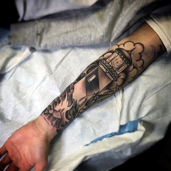 Grey Ink Lighthouse Tattoos On Forearm