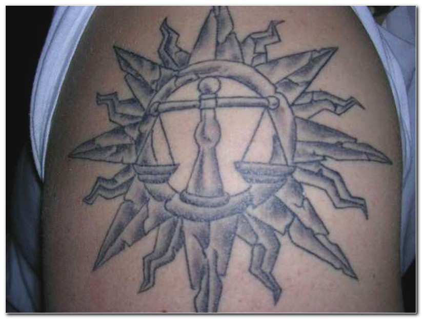 Grey Ink Sun And Libra Sign Tattoo