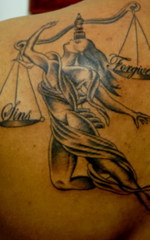 Grey Ink Zodiac Libra Tattoo On Left Back Shoulder