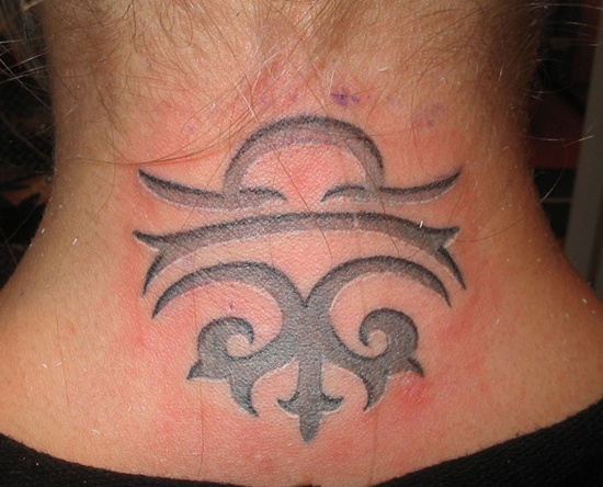 Grey Tribal Libra Zodiac Tattoo On Nape