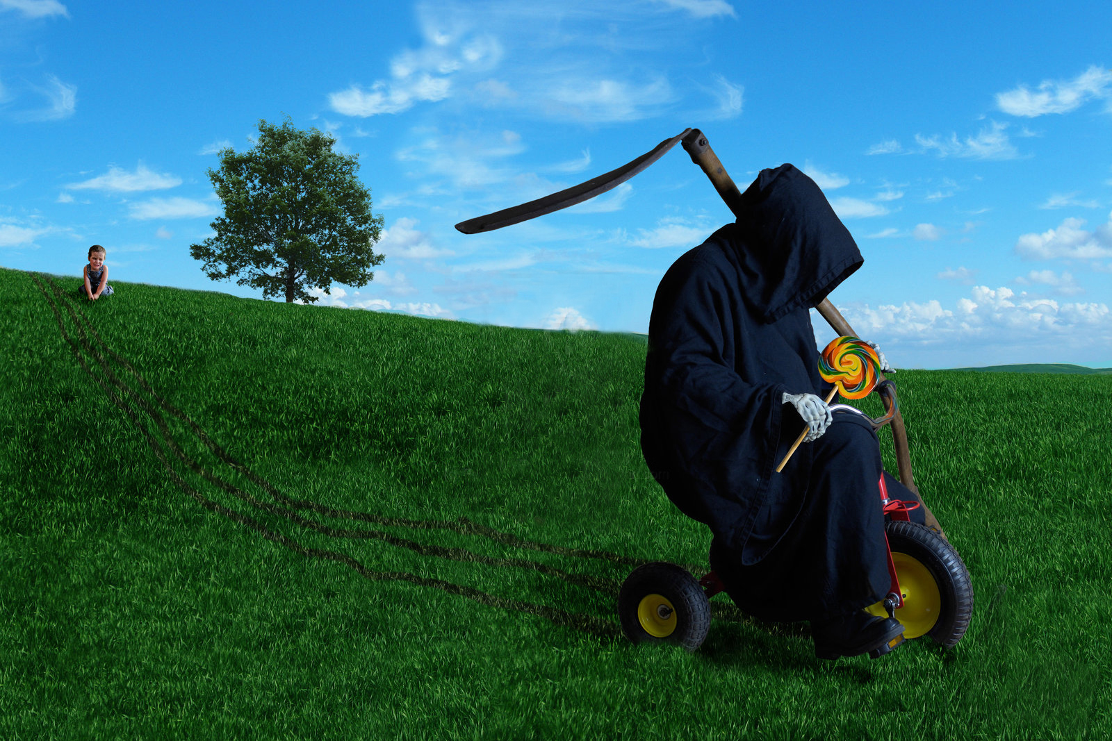 Grim Reaper Stolen Baby Bicycle And Candy Funny Image
