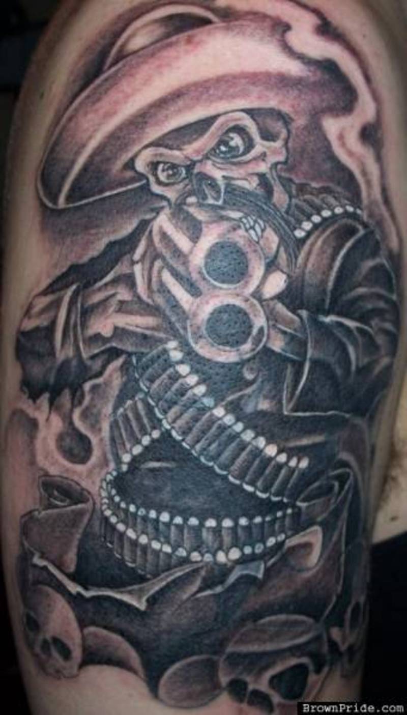 Gun In Cowboy Skeleton Hand Tattoo Design For Half Sleeve