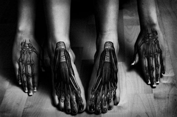 Hand And Feet Bone Tattoo On Both Hand And Feet