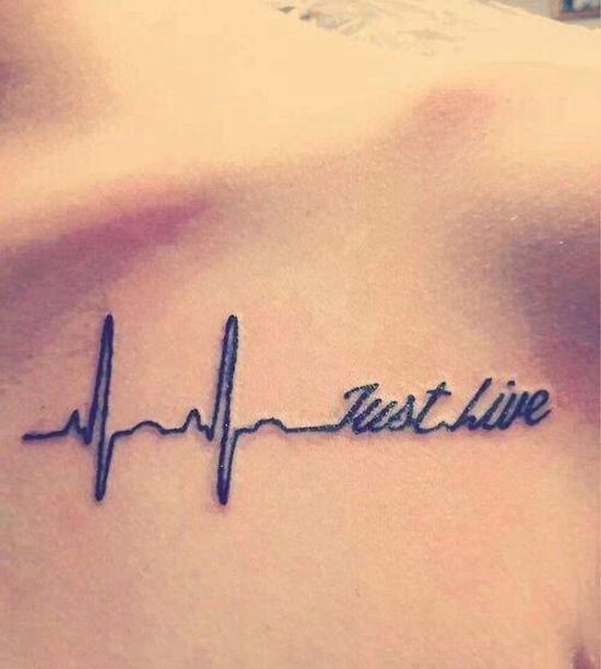 Heart Beat With Just Live Lettering Tattoo On Collarbone