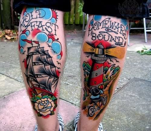 Hold Fast Ship And Homeward Bound Lighthouse Tattoos On Back Leg