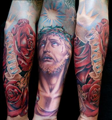 Impressive Christian Jesus Face With Roses Tattoo Design For Sleeve