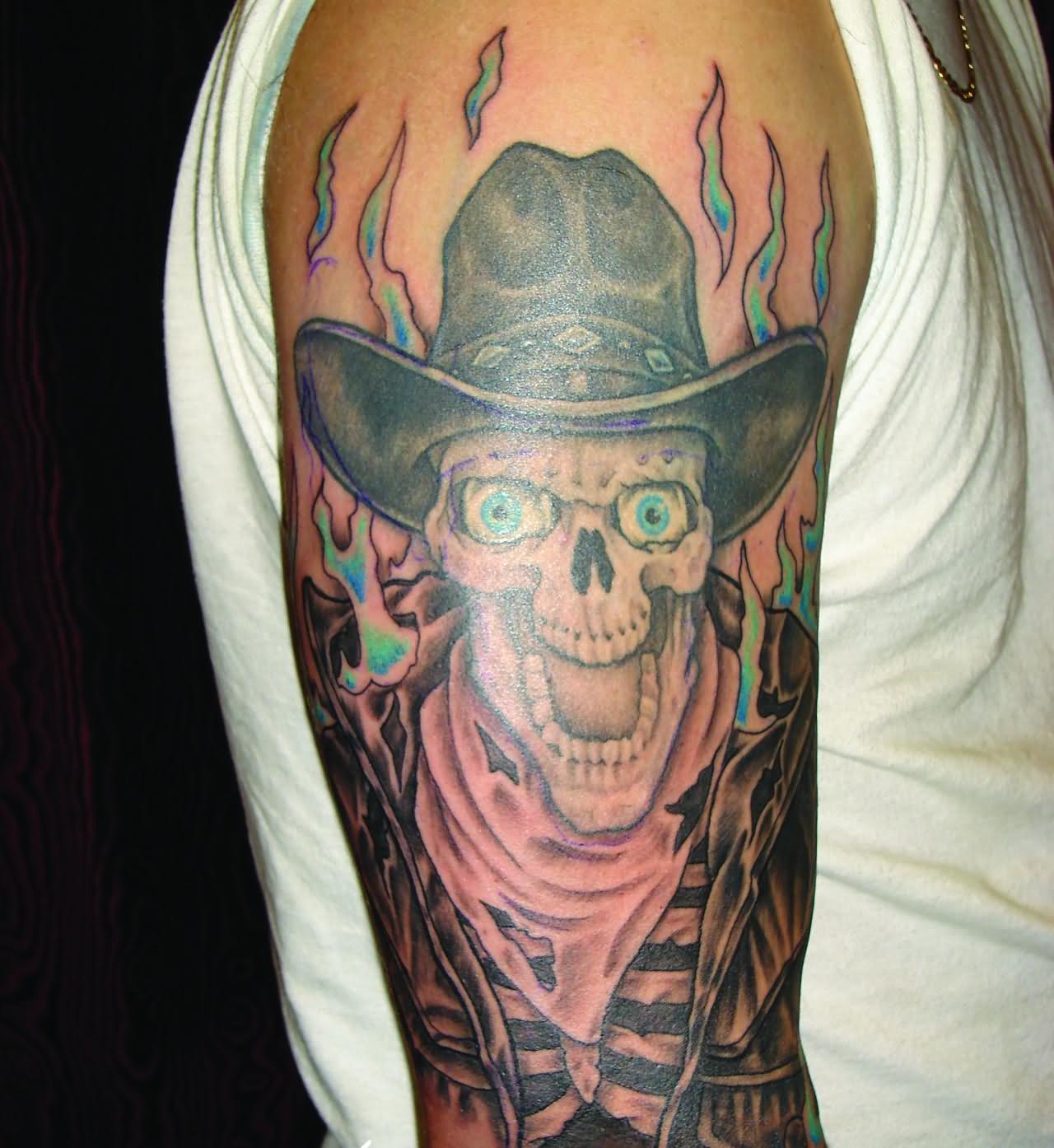 Inspiring Cowboy Skull Tattoo On Right Half Sleeve